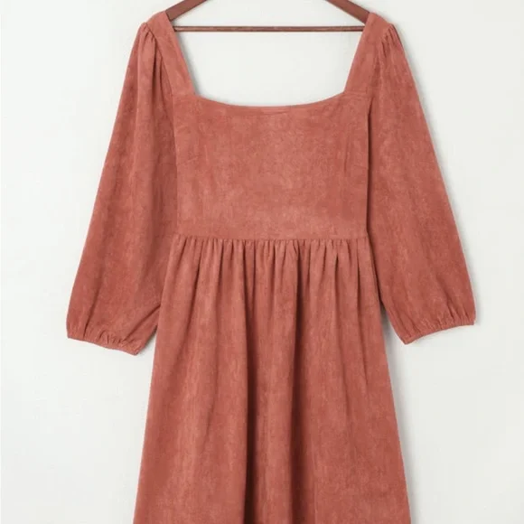 *Host Pick!🎉 Brown Boho Suede Square Neck Mini Swing Dress with Square Neckline - Picture 6 of 15